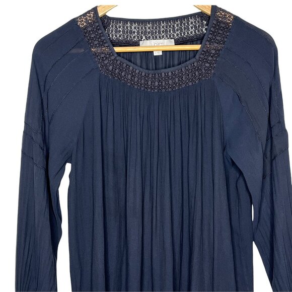 LOFT Navy Blue Blouse Small | Long Sleeve Shirred Peasant Boho Top - Picture 3 of 11